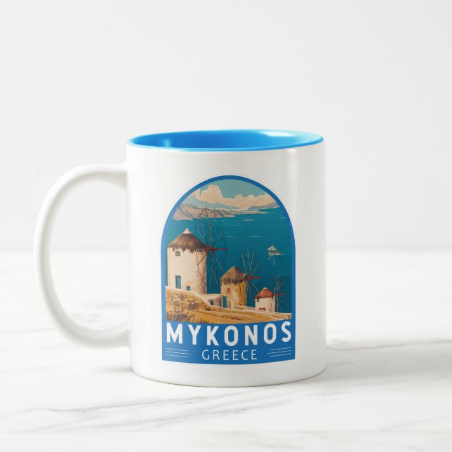 Mykonos Greece Travel Art Emblem Two-Tone Coffee Mug (Left)