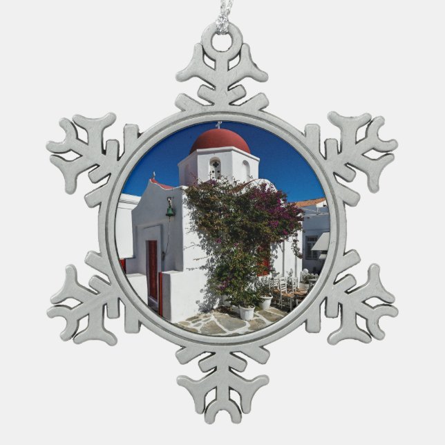Mykonos Greece Travel Snowflake Pewter Christmas Ornament (Front)