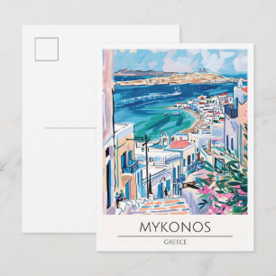 Mykonos Greece Vintage Art Illustration Travel Postcard