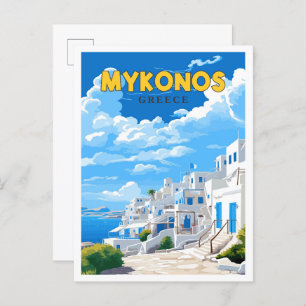 Mykonos Greece vintage travel illustration Postcard