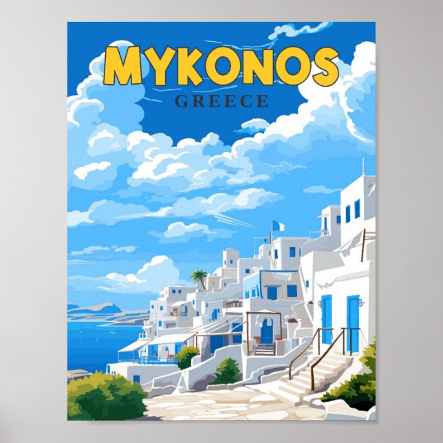 Mykonos Greece vintage travel illustration Poster (Front)