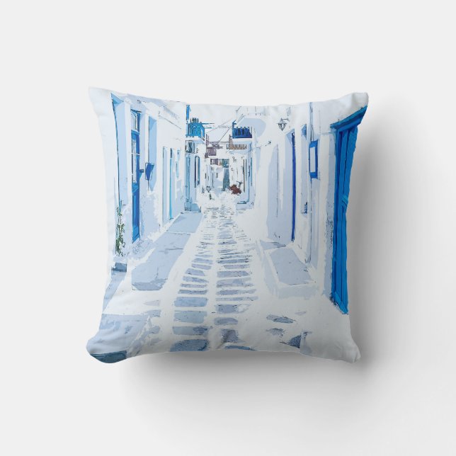 Mykonos Greece Watercolor Digital Painting Cushion (Front)