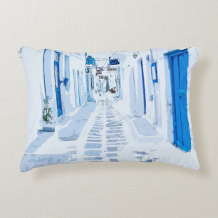 Mykonos Greece Watercolor Digital Painting Decorative Cushion