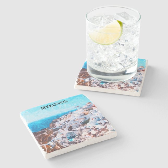 Mykonos Greece Watercolor Painting Stone Coaster (Side)
