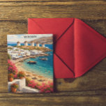 Mykonos Greece Windmills Retro Travel Illustration Postcard<br><div class="desc">Amazing Retro Travel Illustration of Mykonos,  Greece showcasing the unique scenery and architecture of the greek island in the aegean sea with its famous windmills. Add your text,  customize and make this stunning travel gift idea your own.</div>