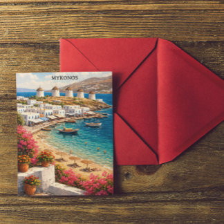 Mykonos Greece Windmills Retro Travel Illustration Postcard