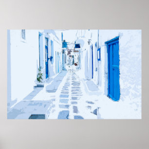 Mykonos Watercolor Illustration Poster