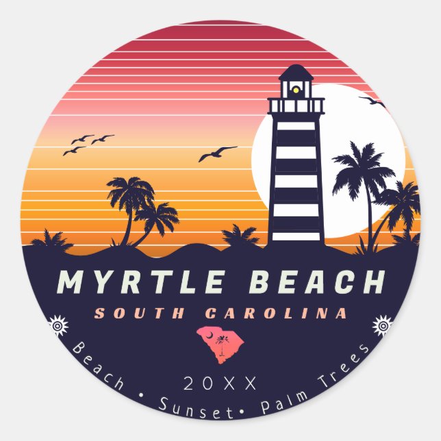 Myrtle Beach lighthouse SC Retro Sunset Souvenirs Classic Round Sticker (Front)