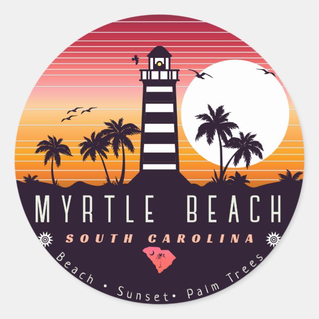 Myrtle Beach lighthouse SC Retro Sunset Souvenirs Classic Round Sticker (Front)