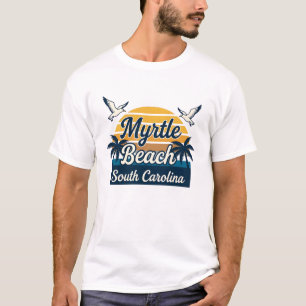 Myrtle Beach SC Retro Sunset Palm Trees Seagulls T-Shirt