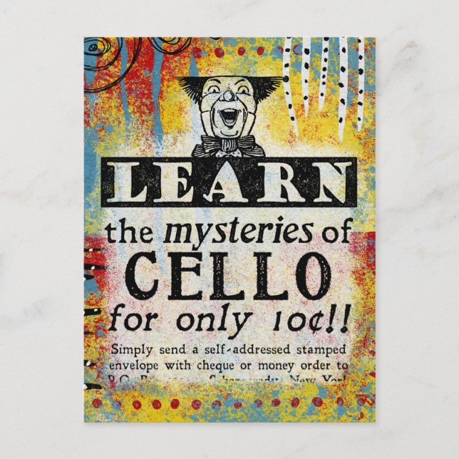 Mysteries of Cello Postcard - Funny Vintage Ad (Front)