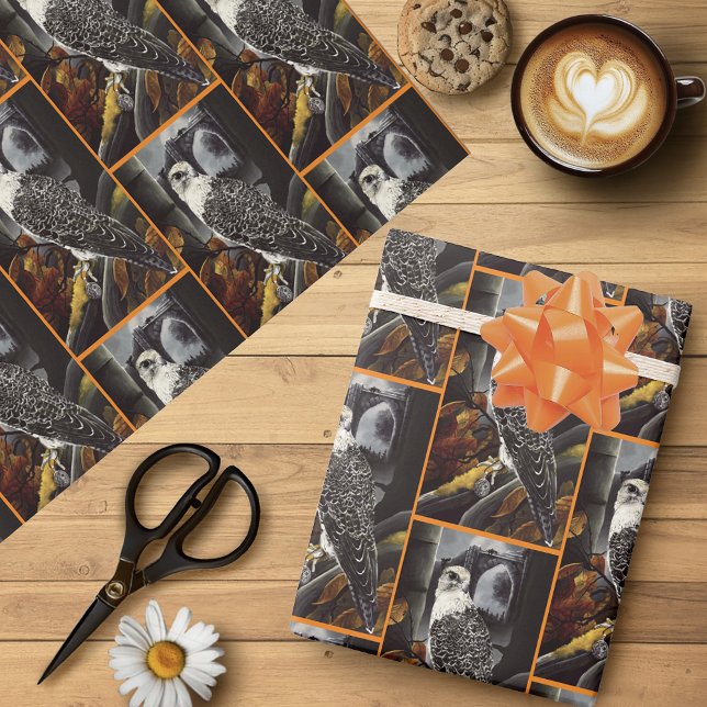 Mysterious Autumn Gothic Falcon Moonlit Ruins Wrapping Paper (Creator Uploaded)