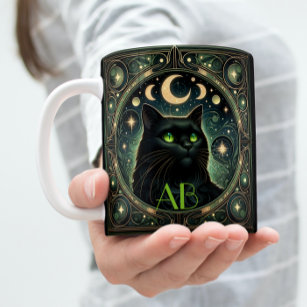 Mysterious Black Cat Celestial Art Nouveau Design Mug