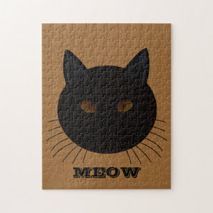 Mysterious Black Cat Face Brown Jigsaw Puzzle