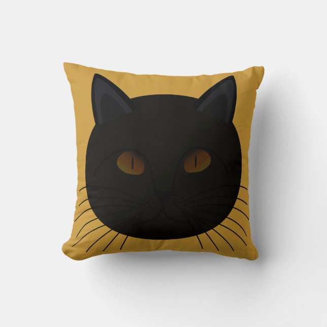 Mysterious Black Cat Face Golden Throw Pillow (Front)