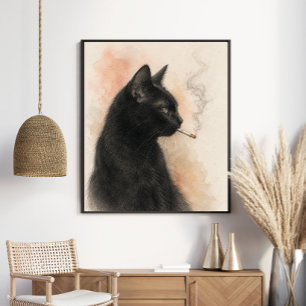 Mysterious Black Cat Smoking Vintage Graphite Poster