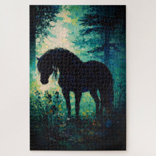 Mysterious Black Horse in Forest Jigsaw Puzzle