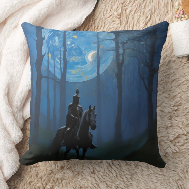 Mysterious Black Knight in the Moonlit Forest Cushion (Blanket)