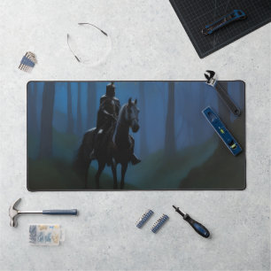 Mysterious Black Knight in the Moonlit Forest Desk Mat
