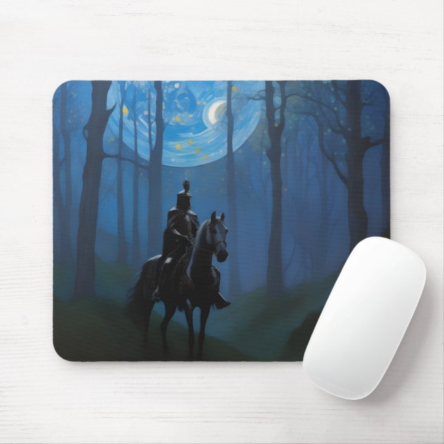 Mysterious Black Knight in the Moonlit Forest Mouse Pad (With Mouse)