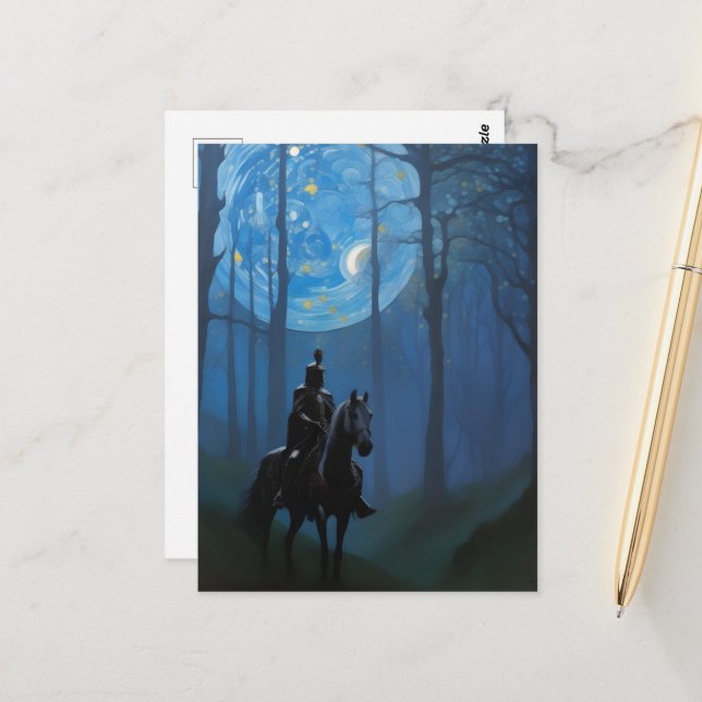 Mysterious Black Knight in the Moonlit Forest Postcard (Front/Back In Situ)