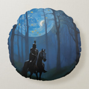Mysterious Black Knight in the Moonlit Forest Round Cushion