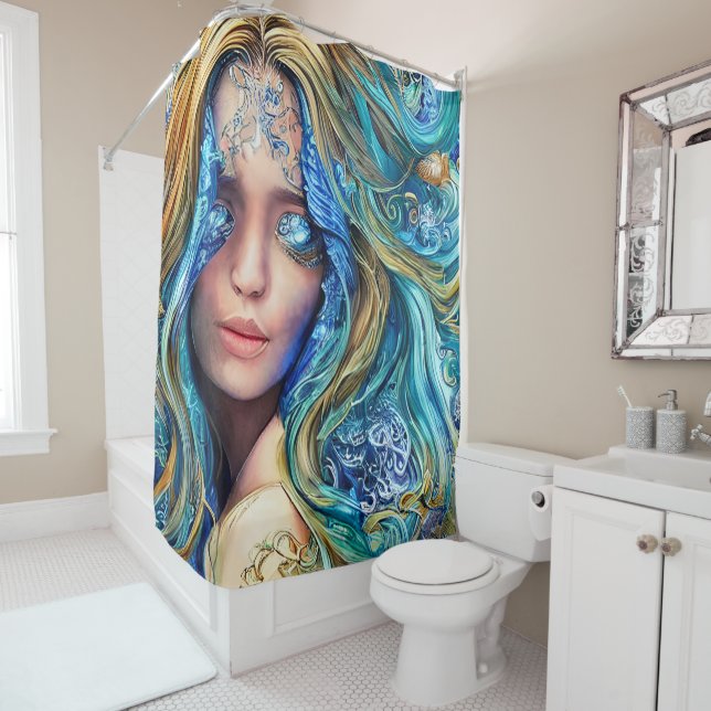 Mysterious Blue Waves | Fantasy Goddess Art Shower Curtain (In Situ)