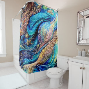 Mysterious Blue Waves Swirls Hidden Eye Abstract Shower Curtain
