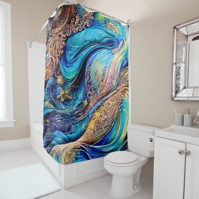 Mysterious Blue Waves Swirls Hidden Eye Abstract Shower Curtain (In Situ)