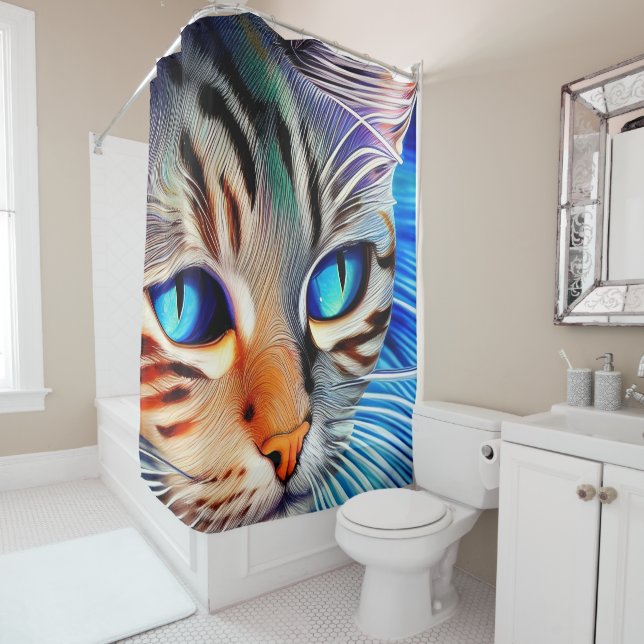 Mysterious Cat Blue Ocean Wave Surrealism Shower Curtain (In Situ)