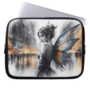 Mysterious fairy misty city glowing ethereal wings laptop sleeve