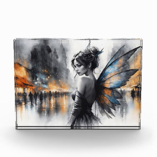 Mysterious fairy misty city glowing ethereal wings photo block
