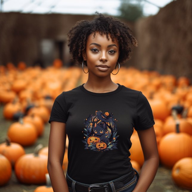 "Mysterious Feline" Anime Black Cat Halloween T-Shirt (Black Anime Cat Halloween
)
