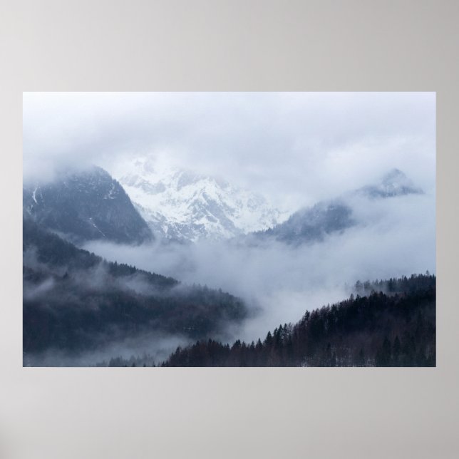 Mysterious fog rolling through layers of mountains poster (Front)