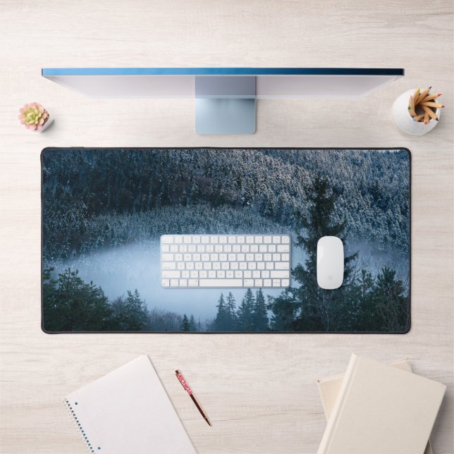 Mysterious fog trapped in winter spruce forest desk mat (Office 1)