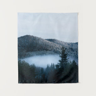 Mysterious fog trapped in winter spruce forest tapestry