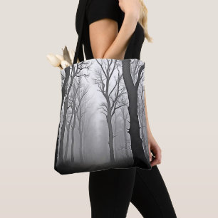 Mysterious Foggy Forest Path Tote Bag