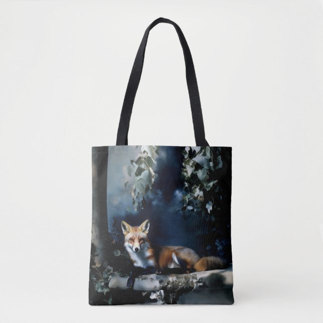 Mysterious Fox in the Woods Portrait Tote Bag (Front)