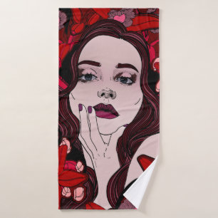 Mysterious girl surrounded by red flowersabstract, bath towel