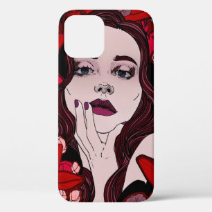 Mysterious girl surrounded by red flowersabstract, iPhone 12 case