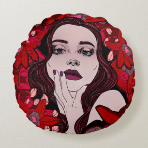 Mysterious girl surrounded by red flowersabstract, round cushion