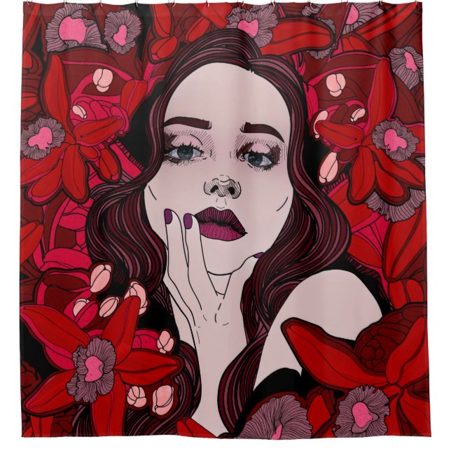 Mysterious girl surrounded by red flowersabstract, shower curtain (Front)