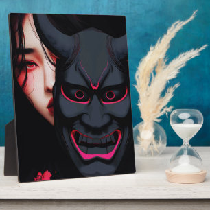 Mysterious Girl with Oni Mask Dark Japanese Horror Plaque