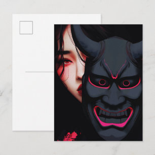Mysterious Girl with Oni Mask Dark Japanese Horror Postcard