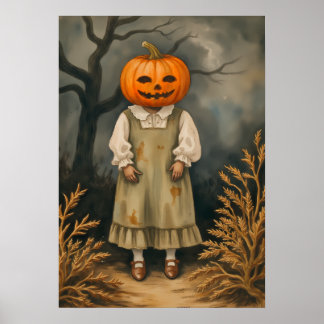 Mysterious Girl with Pumpkin Head – Spooky Poster