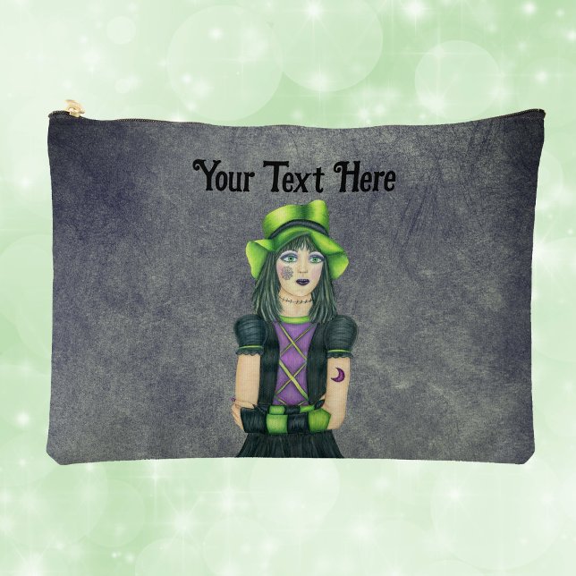 Mysterious Goth Girl Tattoos Green Hat Grunge Grey Accessory Pouch (Mysterious Goth Girl spiderweb moon tattoos green hat on grunge grey cosmetic bag.)