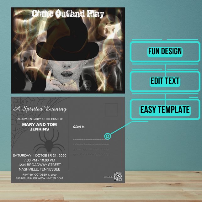 Mysterious Halloween Invitation Elegant Postcard (Send out this stylish but fun Halloween party invitation for your next scary get together.)