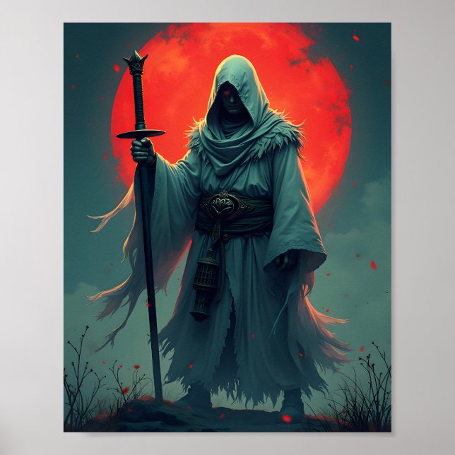 Mysterious Hooded Figure Under Blood Moon   Poster (Front)