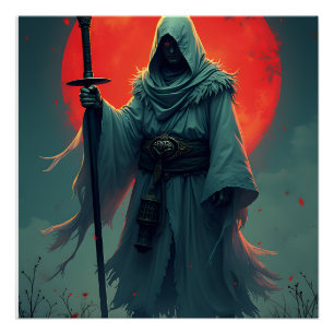 Mysterious Hooded Figure Under Blood Moon Poster