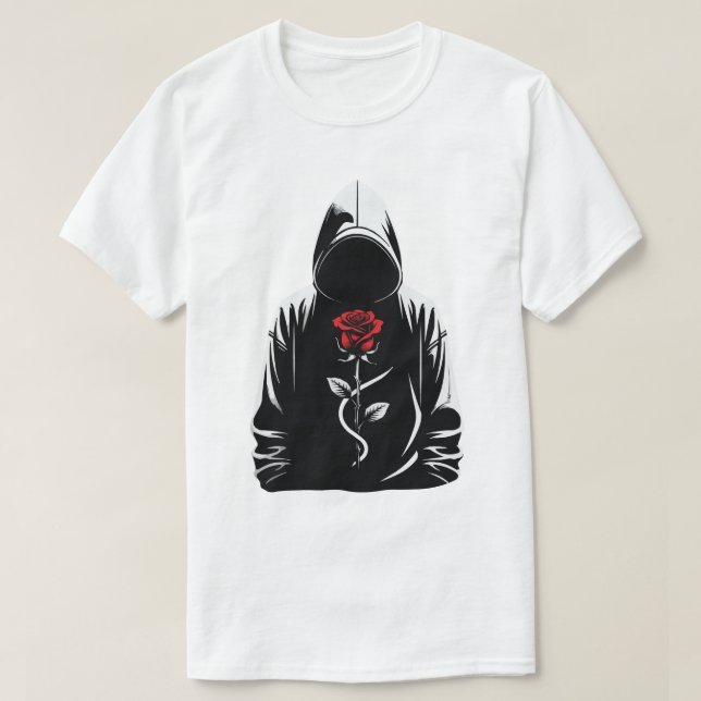 Mysterious Hooded Figure with Red Rose – Dark Love T-Shirt (Design Front)